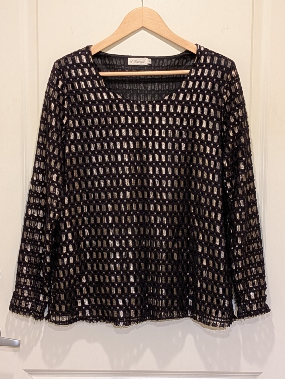 EUC Blanxart M Black and Gold Eyelet Lace Top with Shoulder Pads